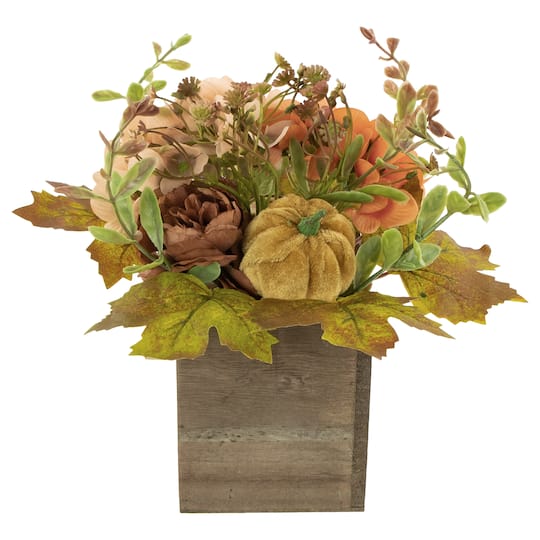 10&#x22; Orange Floral &#x26; Pumpkin Wooden Box Fall Harvest Tabletop Decoration